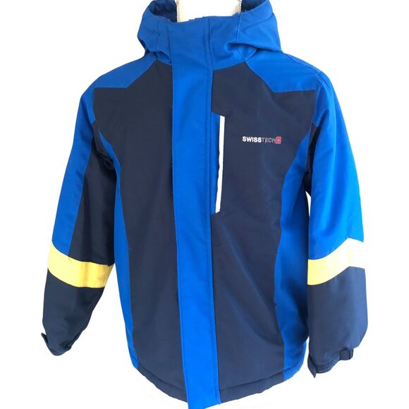 SwissTech Boys Medium 8 Winter Jacket Blue Hooded Ski Coat Warm Fleece Lined - Picture 1 of 13